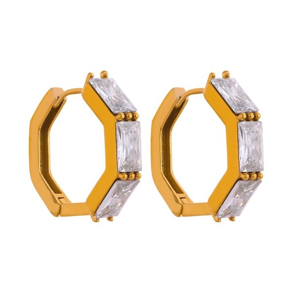 Zircon Small‎ Hoop Earrings Bamboo Shaped 18K Gold Plated - Picture 3 of 8